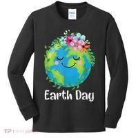 Happy Earth Day Cute Earth With Floral Earth Day Kids Long Sleeve Shirt thumb 0