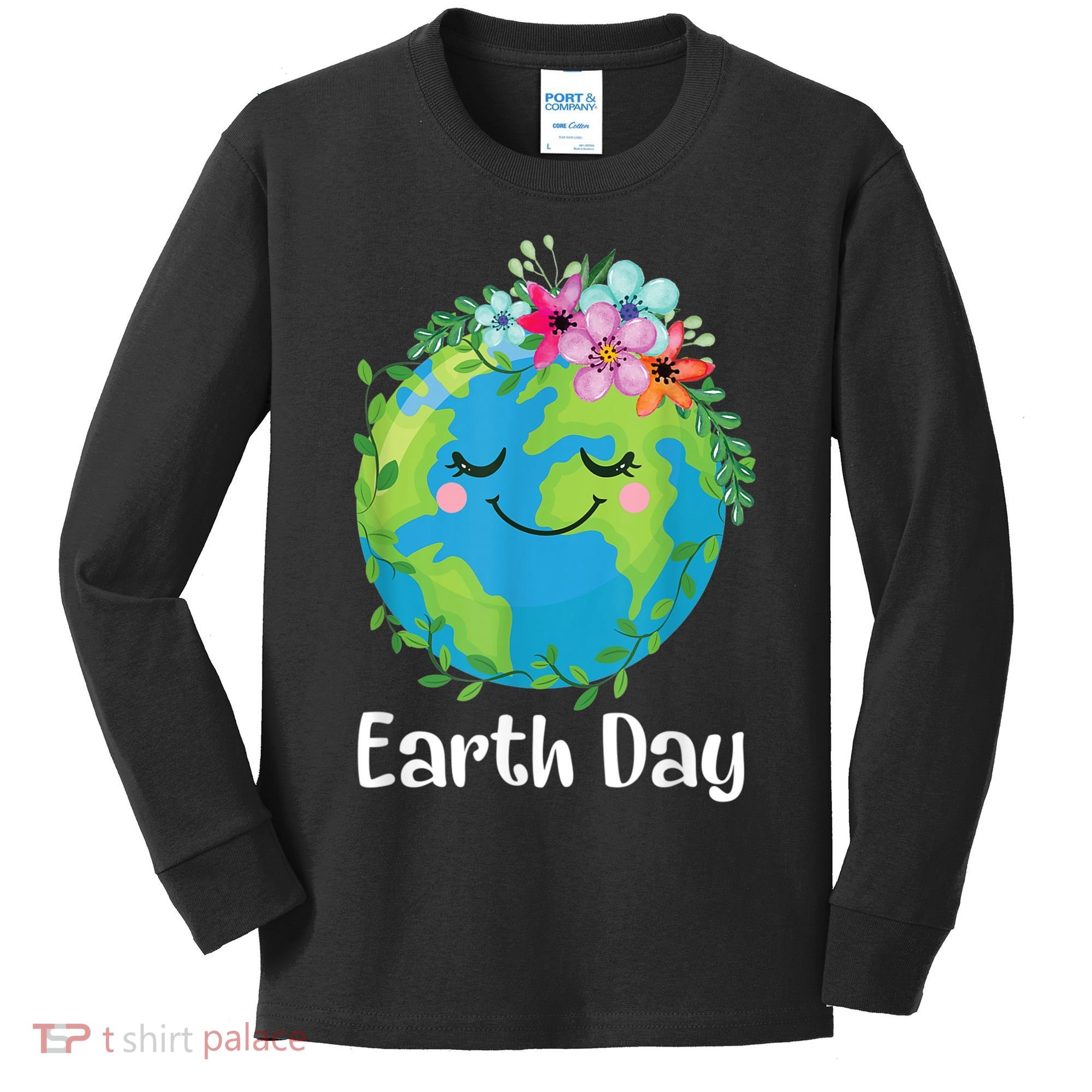 Happy Earth Day Cute Earth With Floral Earth Day Kids Long Sleeve Shirt