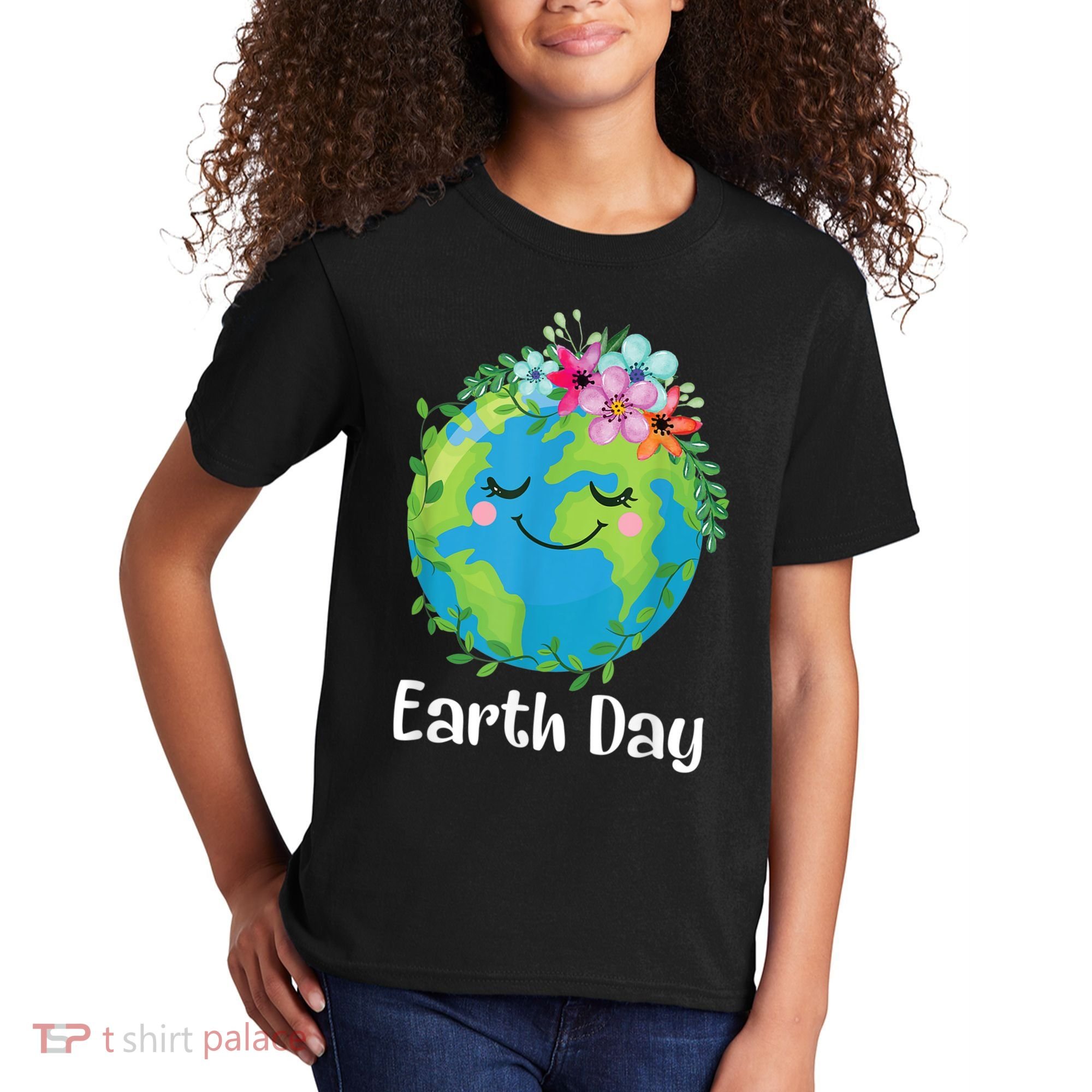 Happy Earth Day Cute Earth With Floral Earth Day Kids T-Shirt