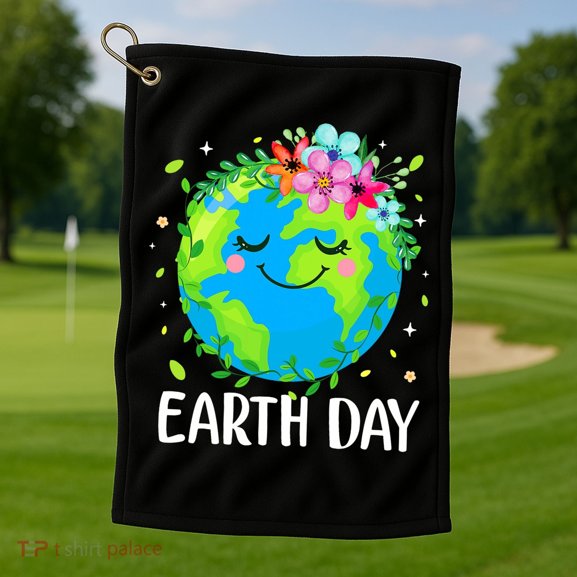 Happy Earth Day Cute Earth With Floral Earth Day Golf Towel