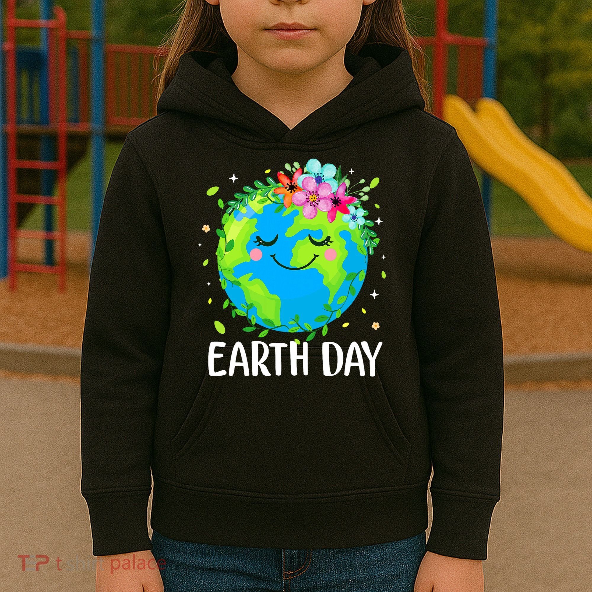Happy Earth Day Cute Earth With Floral Earth Day Kids Hoodie