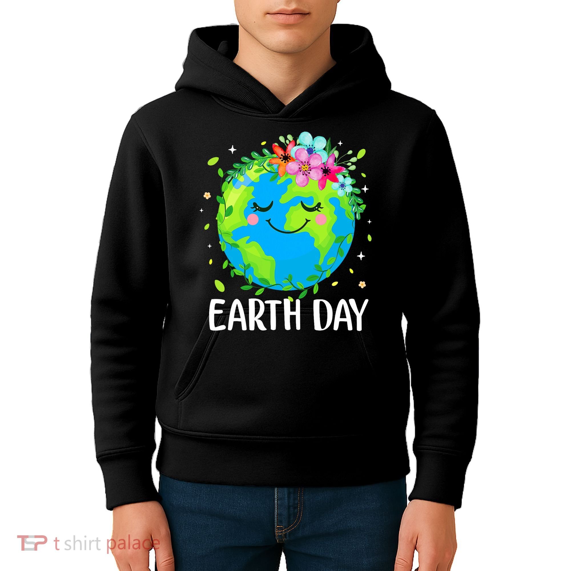 Happy Earth Day Cute Earth With Floral Earth Day Kids Hoodie