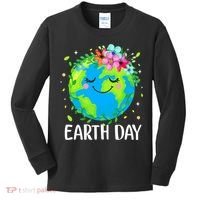 Happy Earth Day Cute Earth With Floral Earth Day Kids Long Sleeve Shirt thumb 0