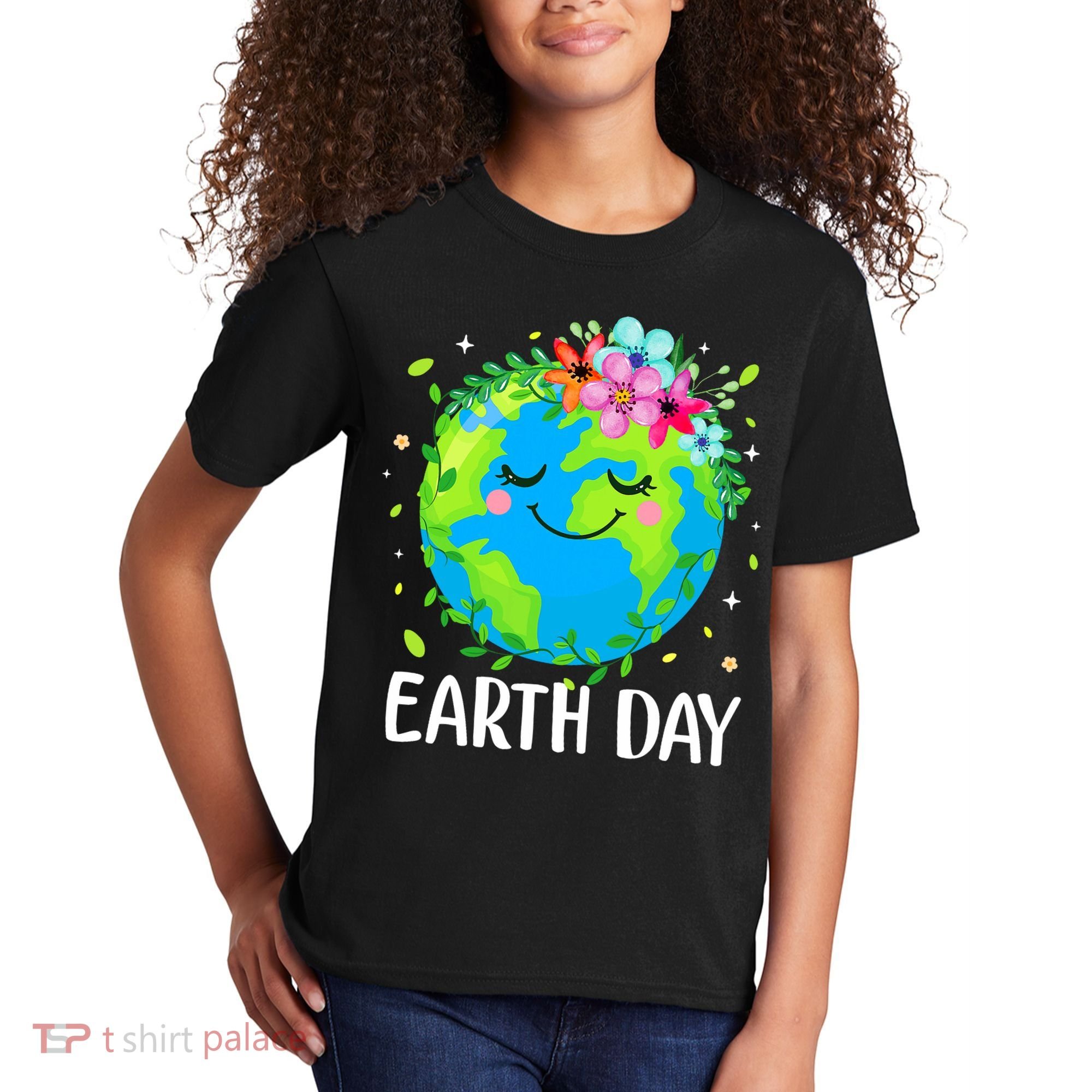 Happy Earth Day Cute Earth With Floral Earth Day Kids T-Shirt