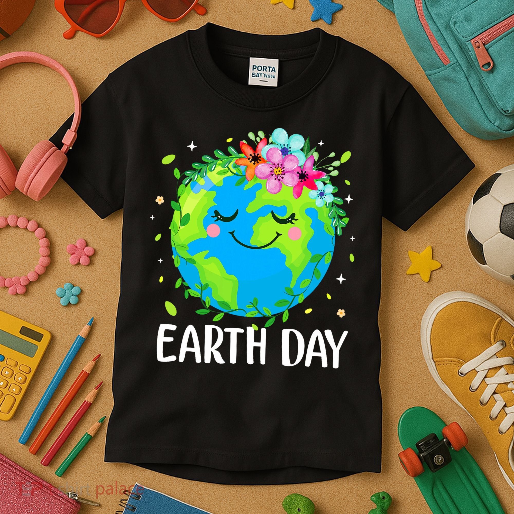 Happy Earth Day Cute Earth With Floral Earth Day Kids T-Shirt