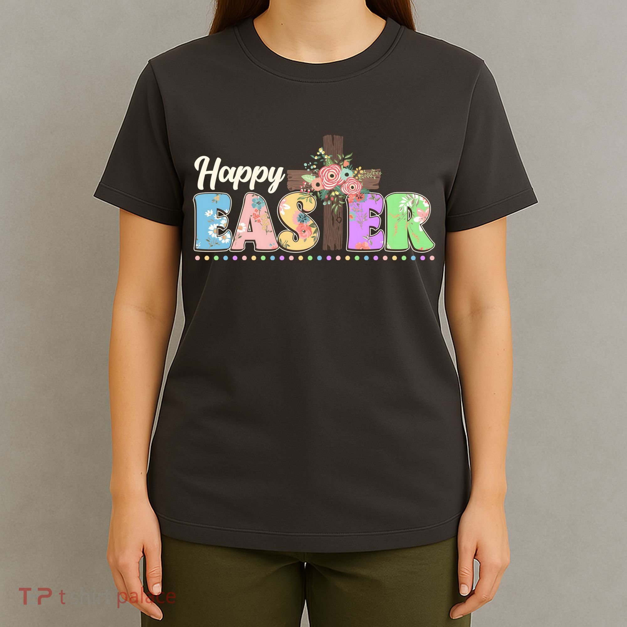 Happy Easter Flower Floral Cross T-Shirt
