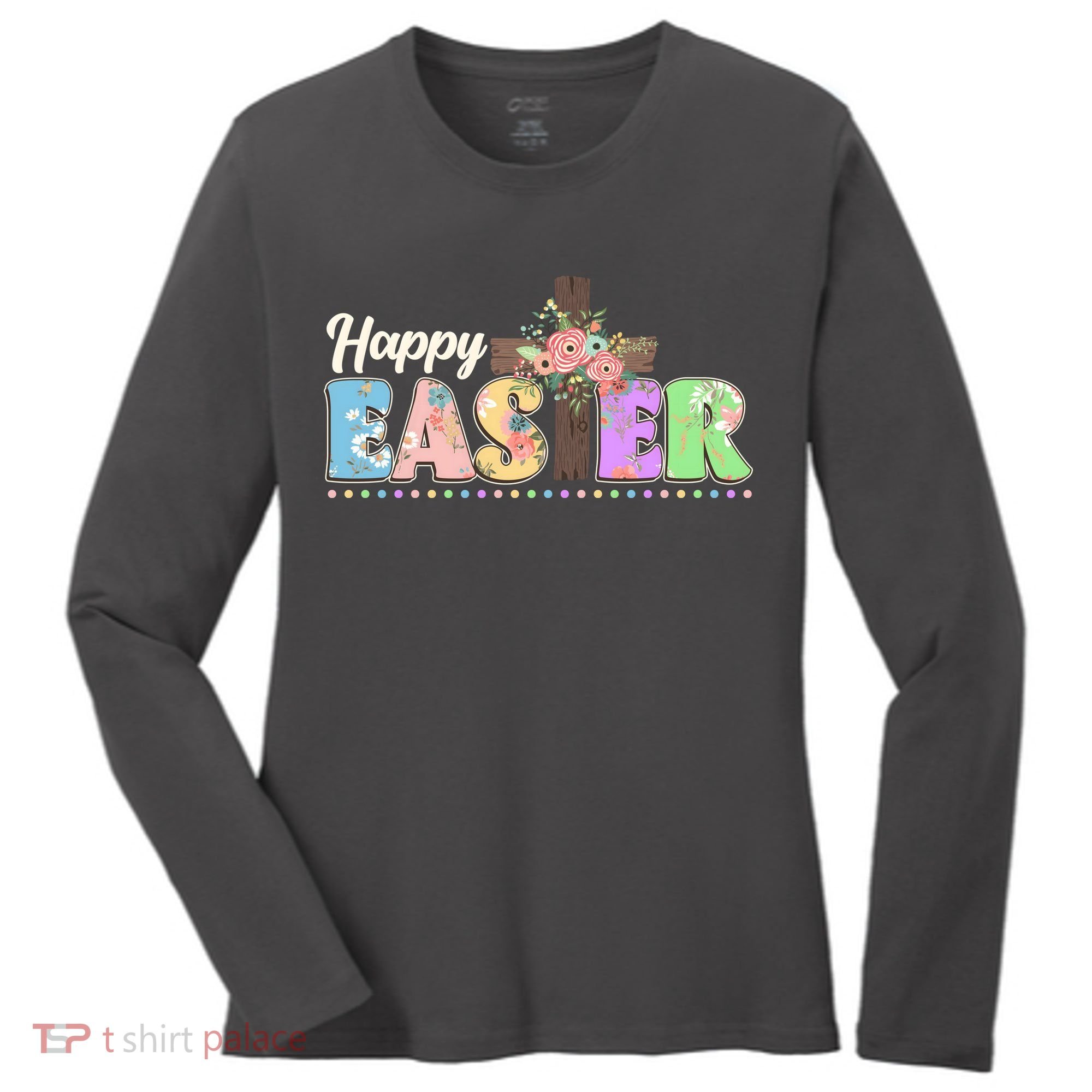 Happy Easter Flower Floral Cross Women's Long Sleeve Shirt