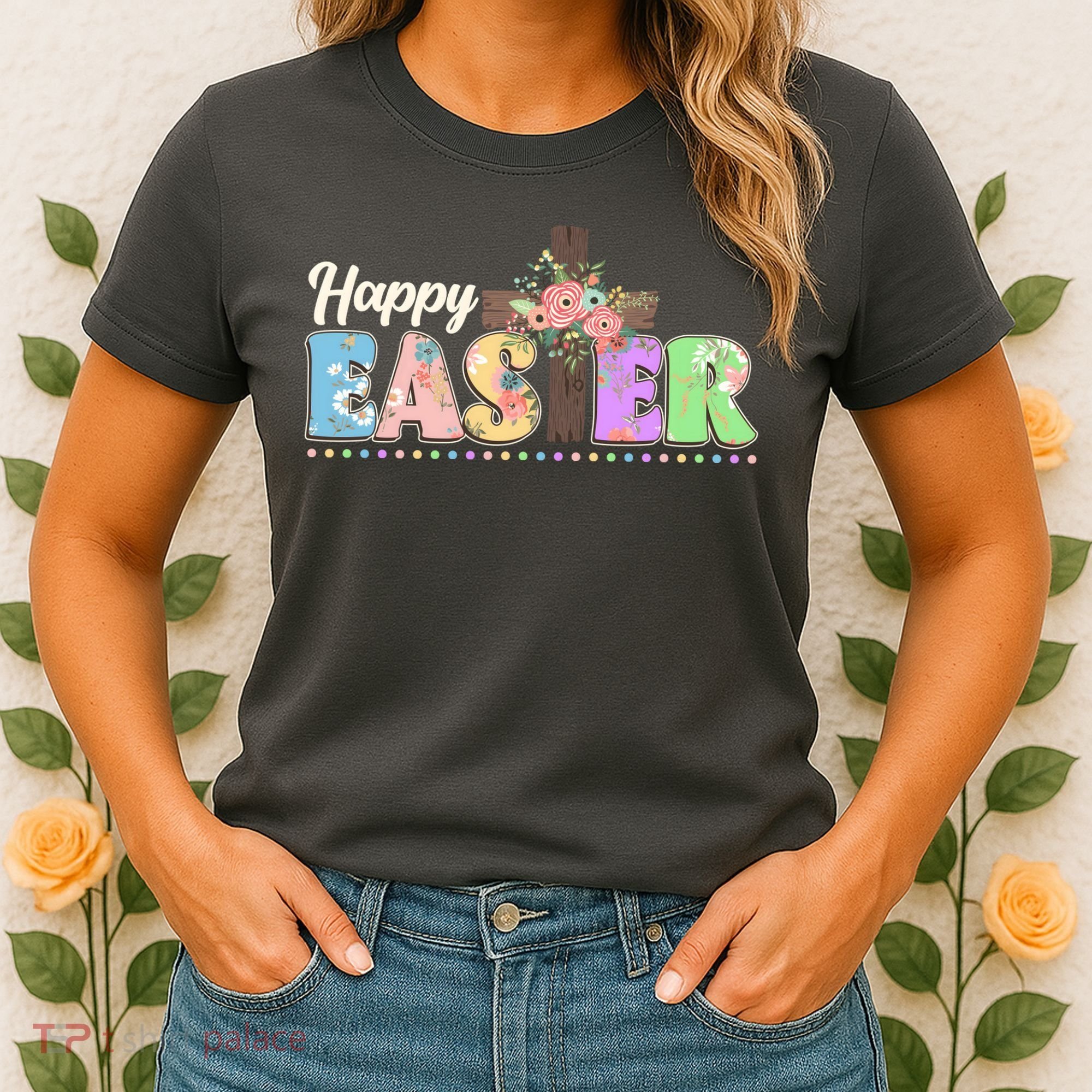Happy Easter Flower Floral Cross Women's T-Shirt