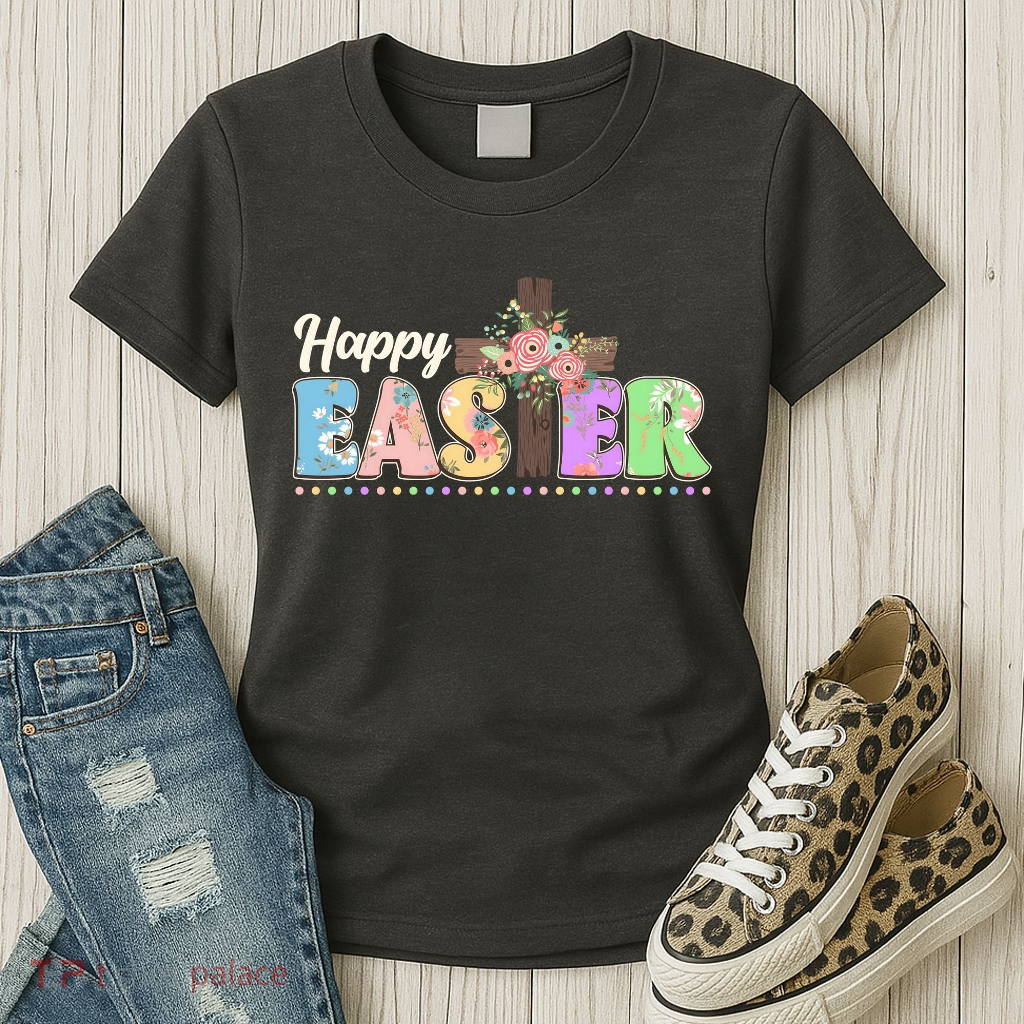 Happy Easter Flower Floral Cross Women's T-Shirt