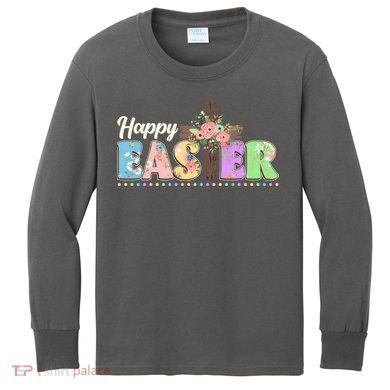 Happy Easter Flower Floral Cross Kids Long Sleeve Shirt