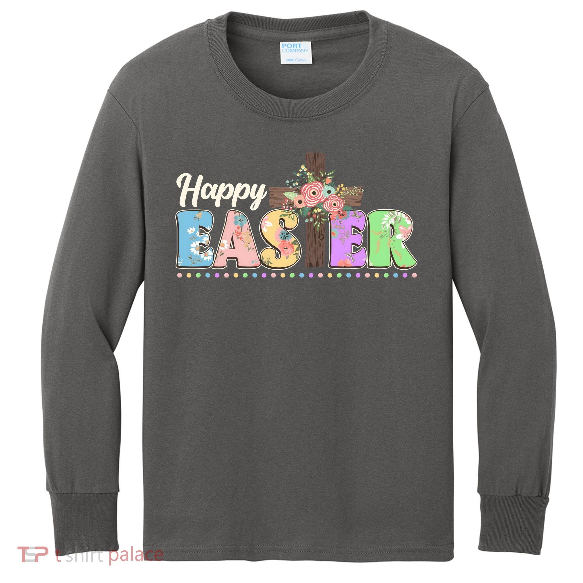 Happy Easter Flower Floral Cross Kids Long Sleeve Shirt