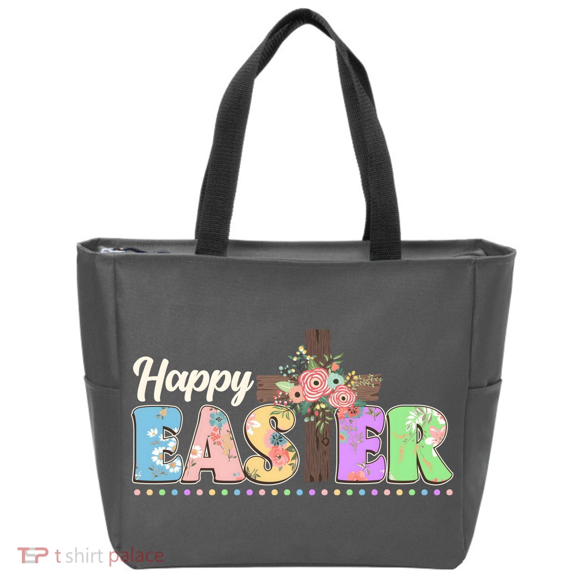 Happy Easter Flower Floral Cross Tote Bag