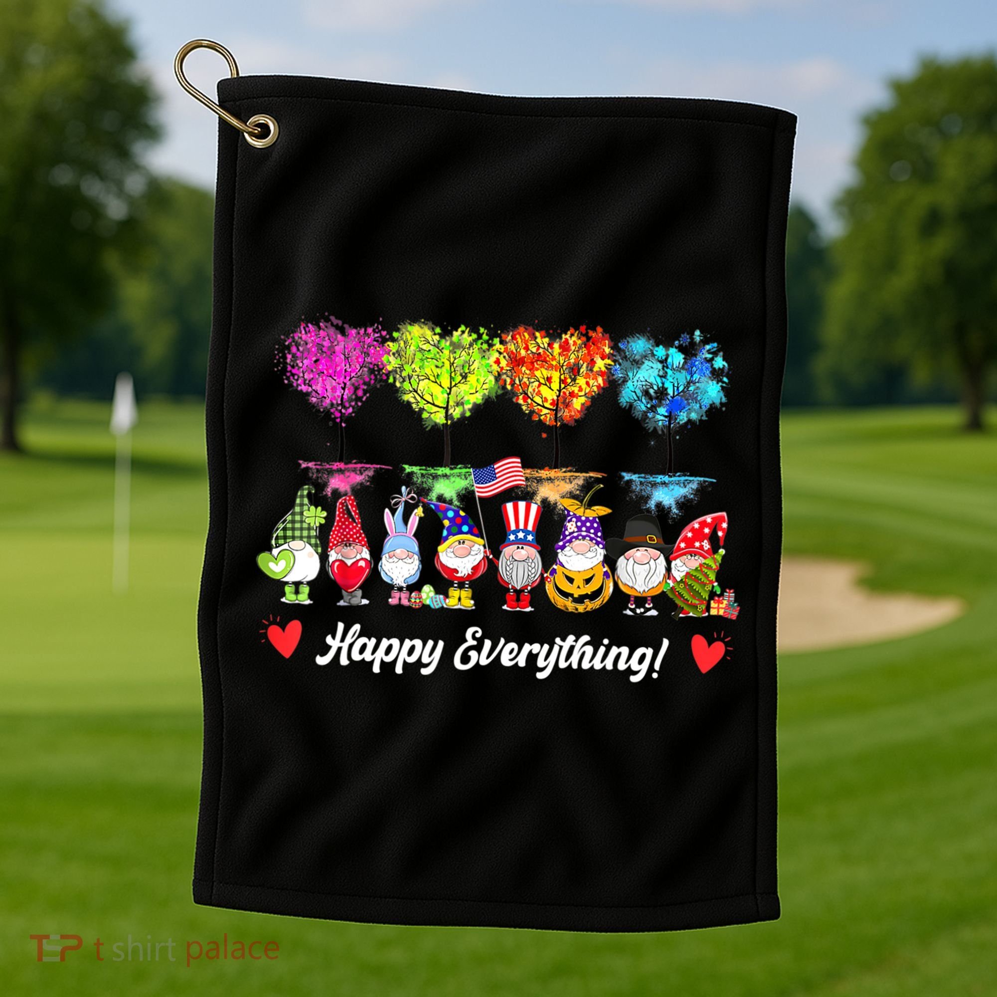 Happy Everything Gnomes Every Seasons All Year Tree Golf Towel