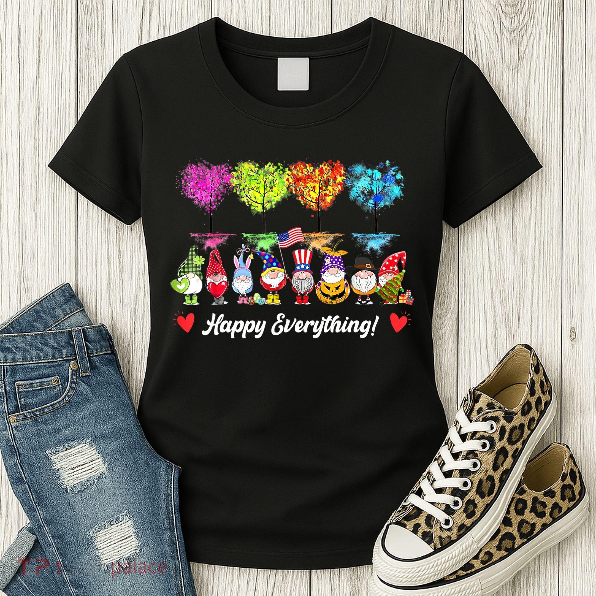 Happy Everything Gnomes Every Seasons All Year Tree Women's T-Shirt