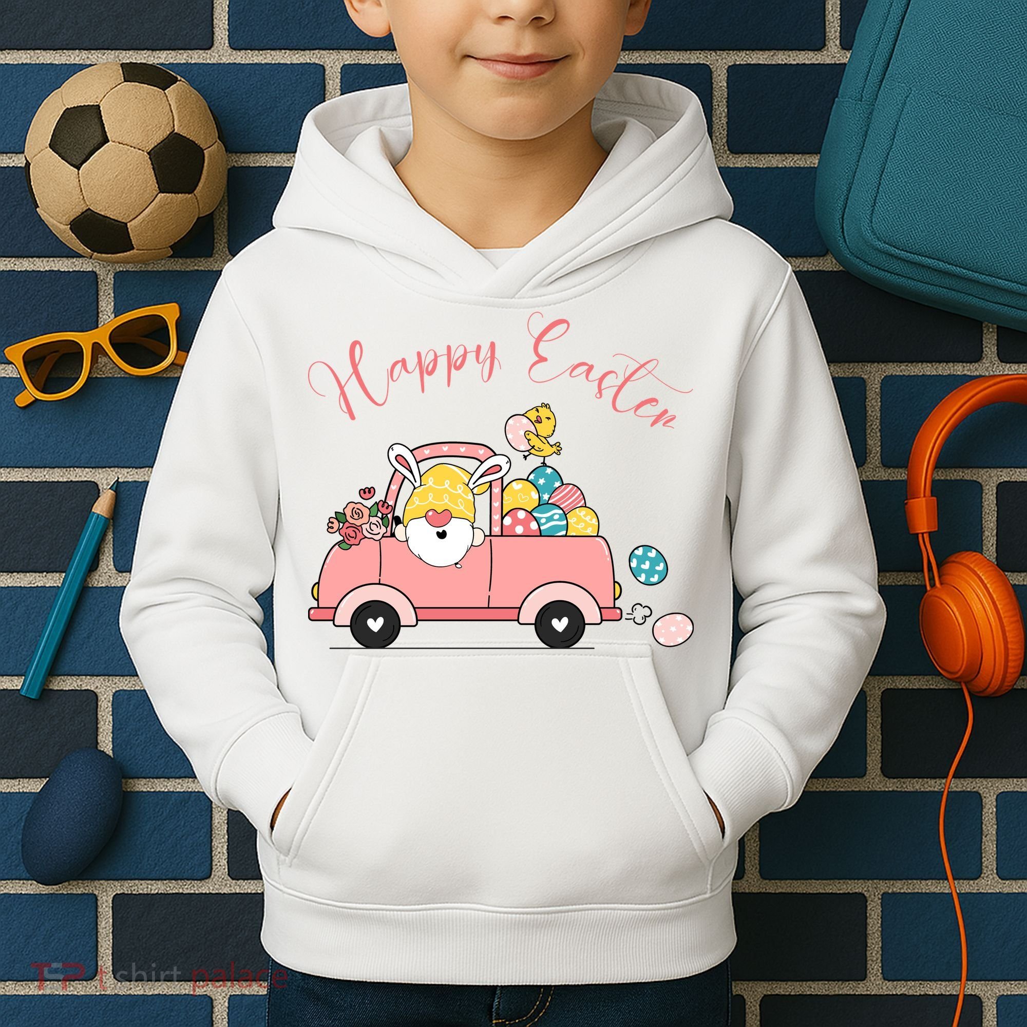 Happy Easter Gnome Truck Holiday Kids Hoodie