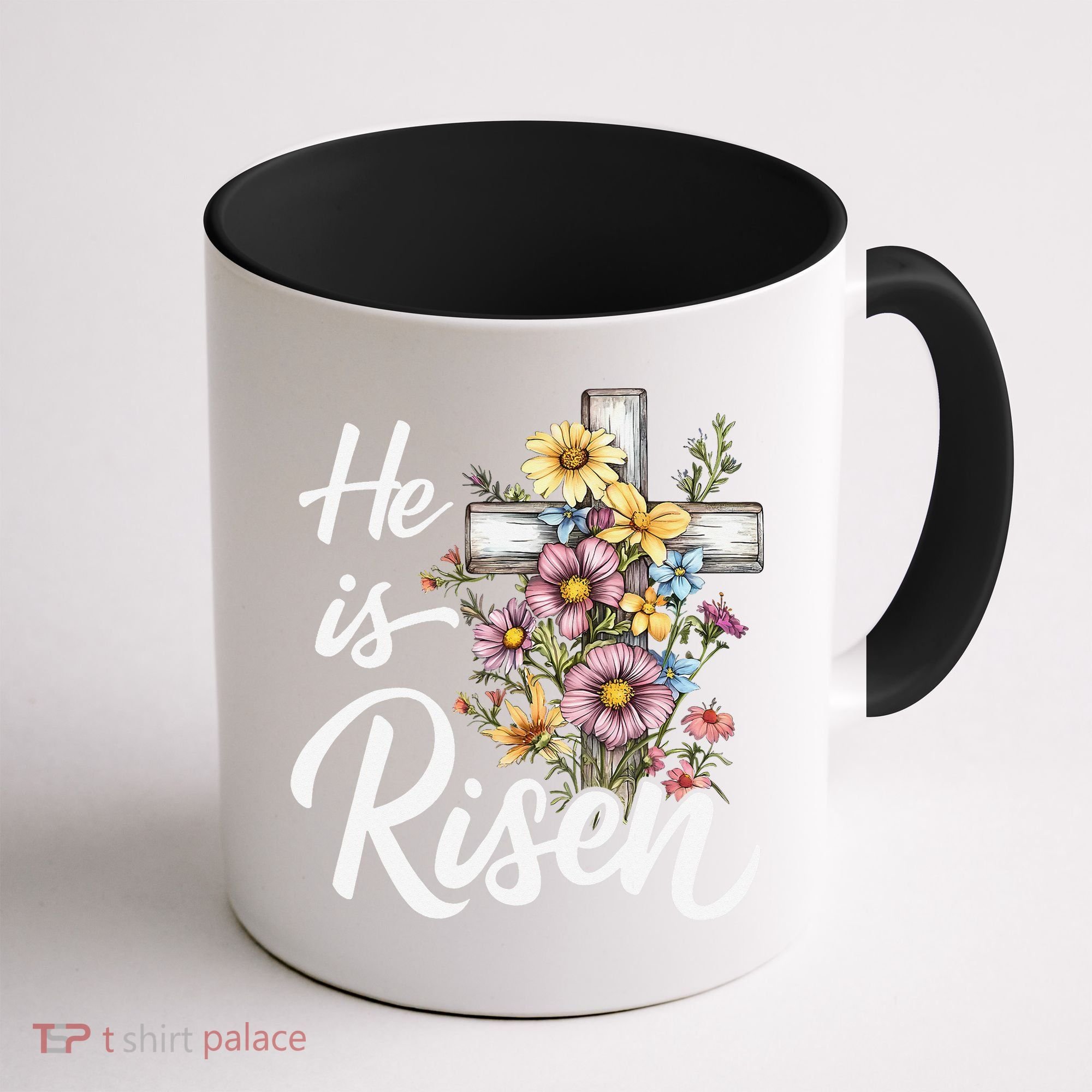 Happy Easter He Is Risen God Jesus Floral Cross Christian Coffee Mug