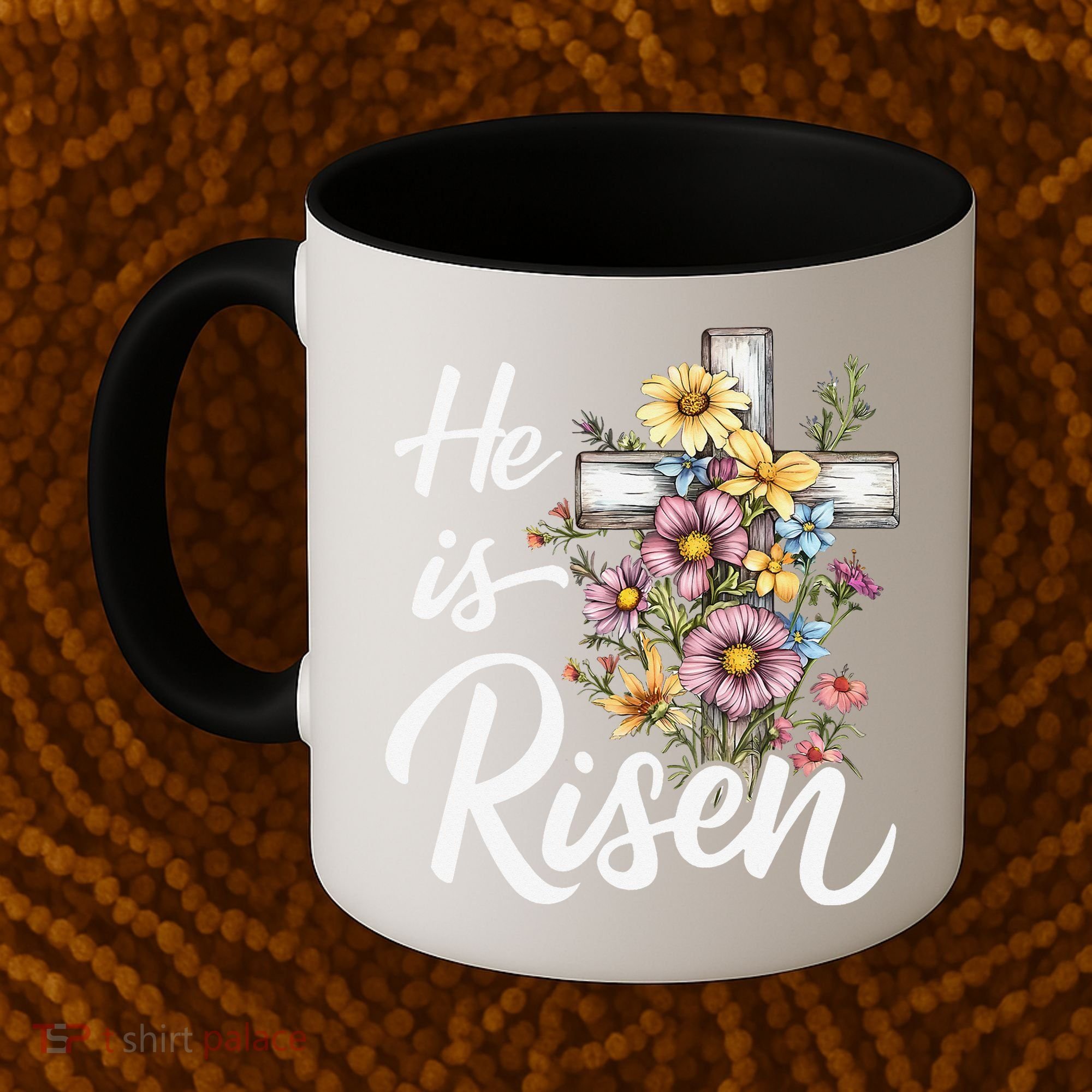 Happy Easter He Is Risen God Jesus Floral Cross Christian Coffee Mug