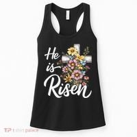Happy Easter He Is Risen God Jesus Floral Cross Christian Women's Tank Top thumb 0