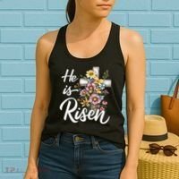 Happy Easter He Is Risen God Jesus Floral Cross Christian Women's Tank Top thumb 2
