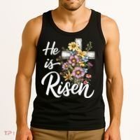 Happy Easter He Is Risen God Jesus Floral Cross Christian Tank Top thumb 3
