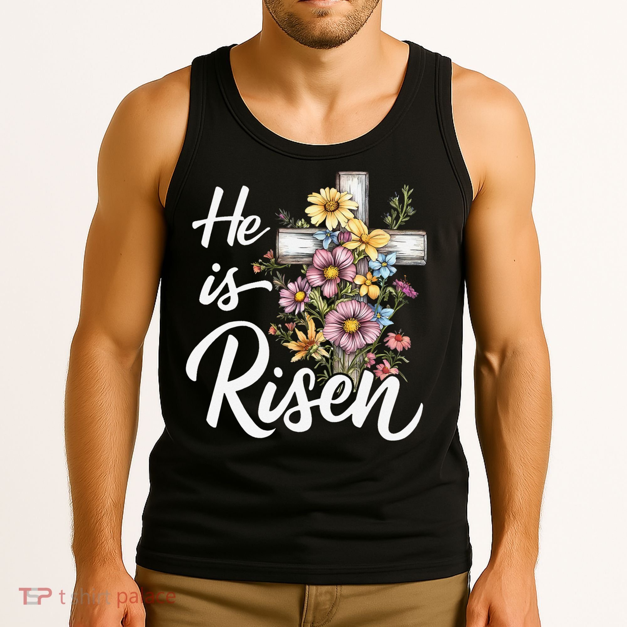 Happy Easter He Is Risen God Jesus Floral Cross Christian Tank Top
