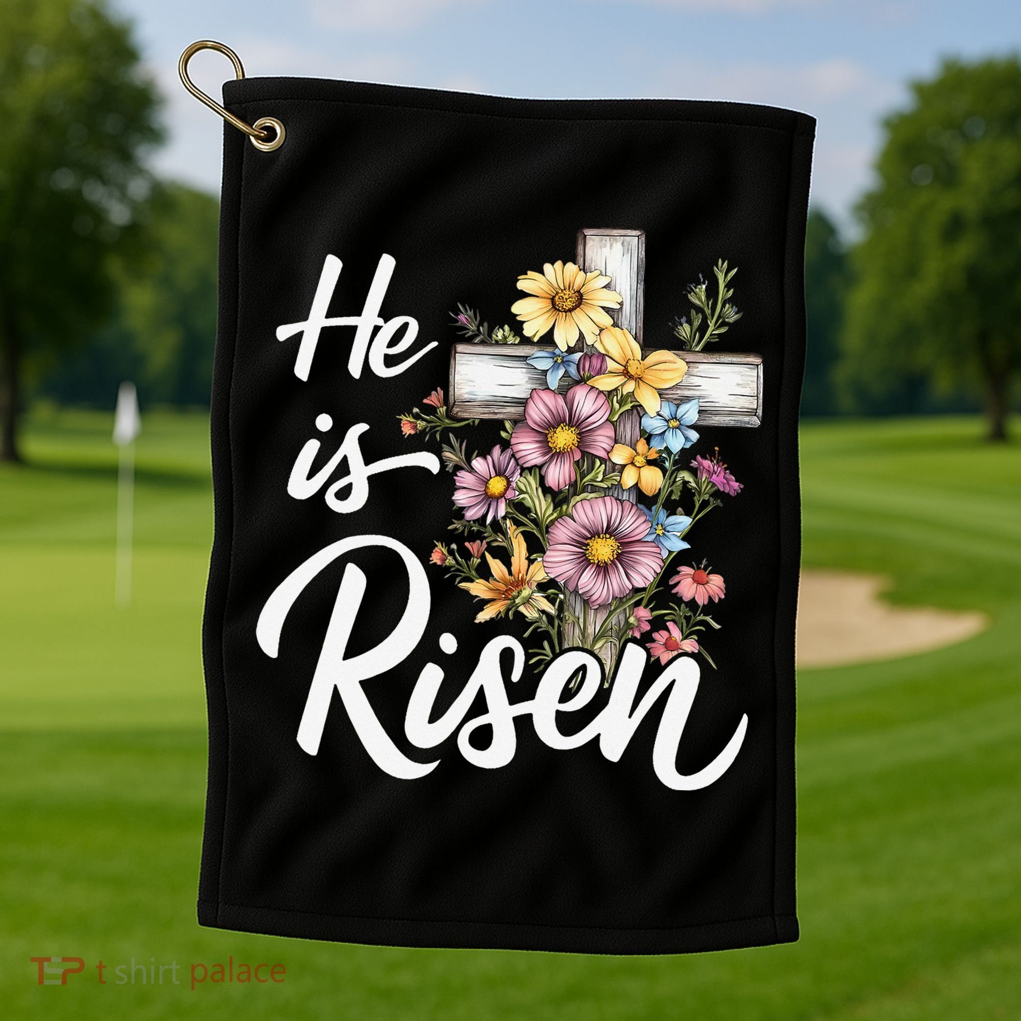 Happy Easter He Is Risen God Jesus Floral Cross Christian Golf Towel