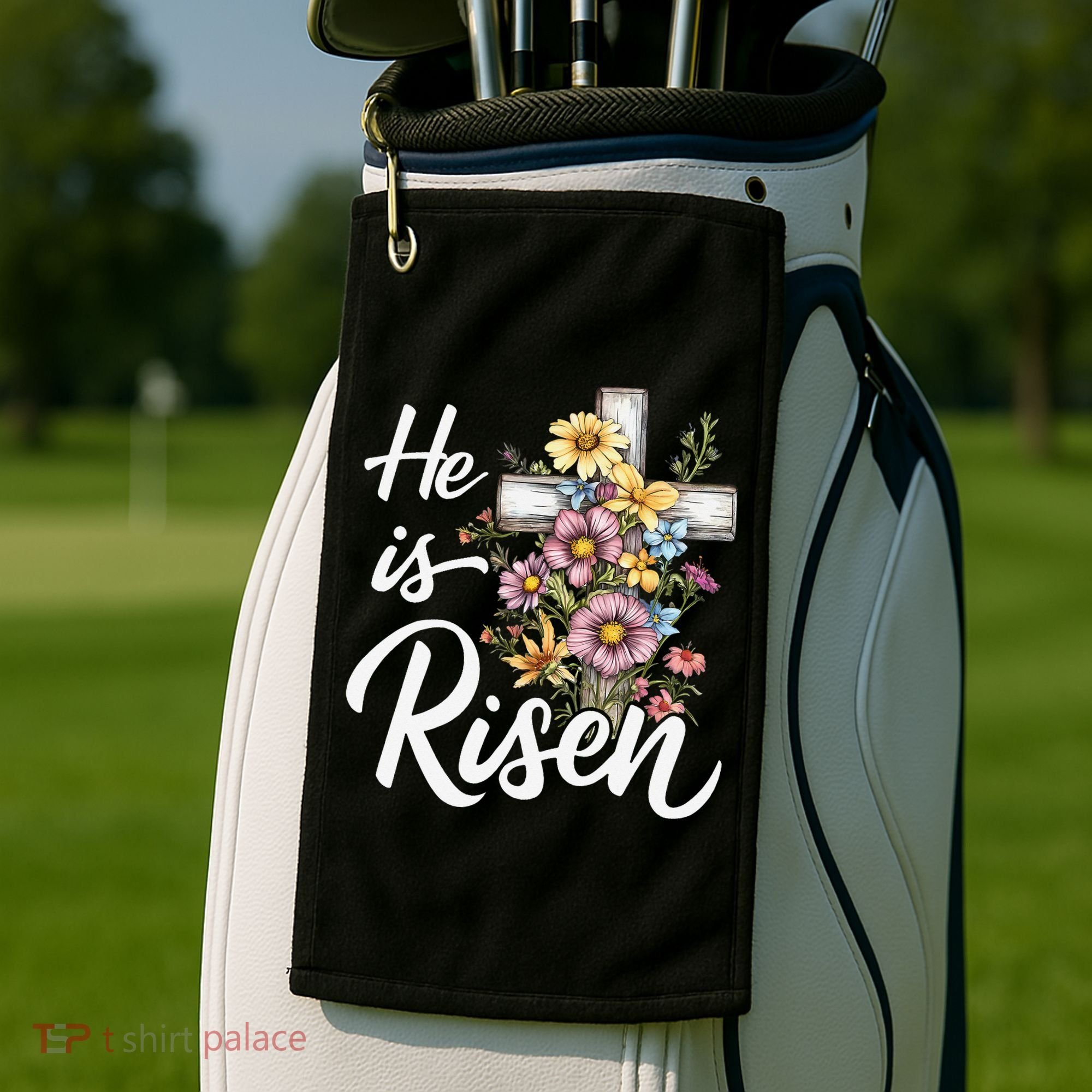 Happy Easter He Is Risen God Jesus Floral Cross Christian Golf Towel