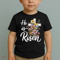 Happy Easter He Is Risen God Jesus Floral Cross Christian Toddler T-Shirt thumb 2