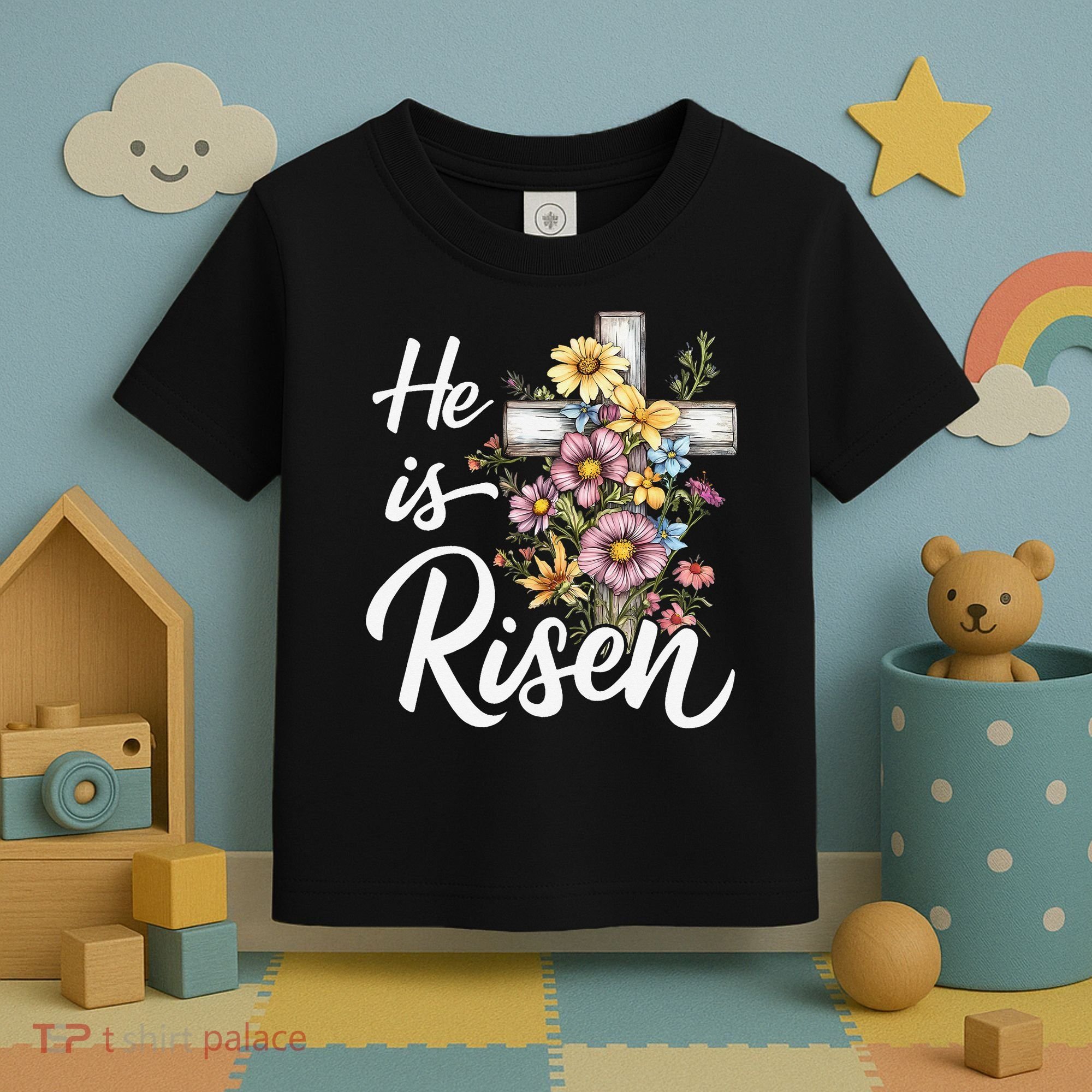 Happy Easter He Is Risen God Jesus Floral Cross Christian Toddler T-Shirt