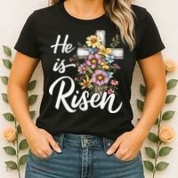 Happy Easter He Is Risen God Jesus Floral Cross Christian Women's T-Shirt thumb 2