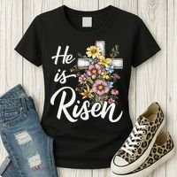Happy Easter He Is Risen God Jesus Floral Cross Christian Women's T-Shirt thumb 3