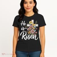 Happy Easter He Is Risen God Jesus Floral Cross Christian Women's T-Shirt thumb 4