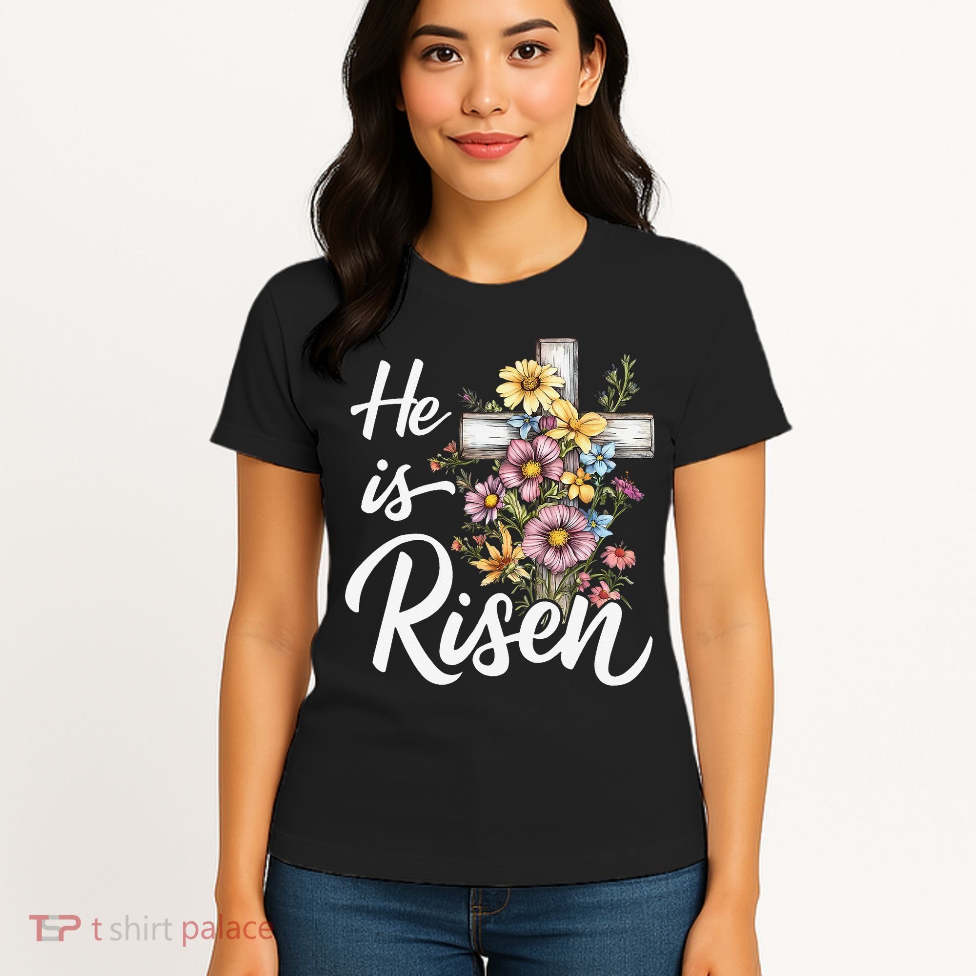 Happy Easter He Is Risen God Jesus Floral Cross Christian Women's T-Shirt