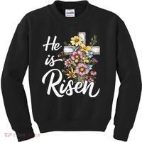 Happy Easter He Is Risen God Jesus Floral Cross Christian Kids Sweatshirt thumb 0