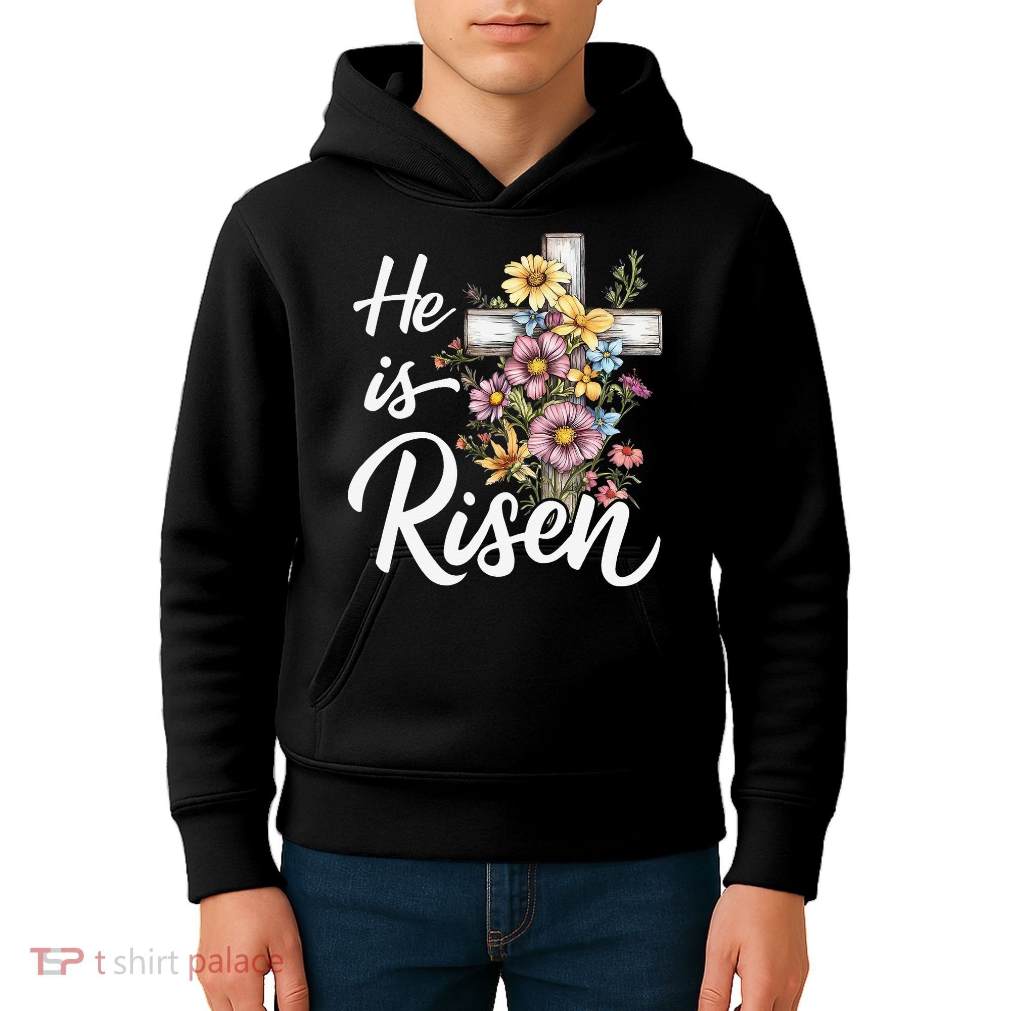Happy Easter He Is Risen God Jesus Floral Cross Christian Kids Hoodie