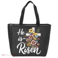 Happy Easter He Is Risen God Jesus Floral Cross Christian Tote Bag thumb 0