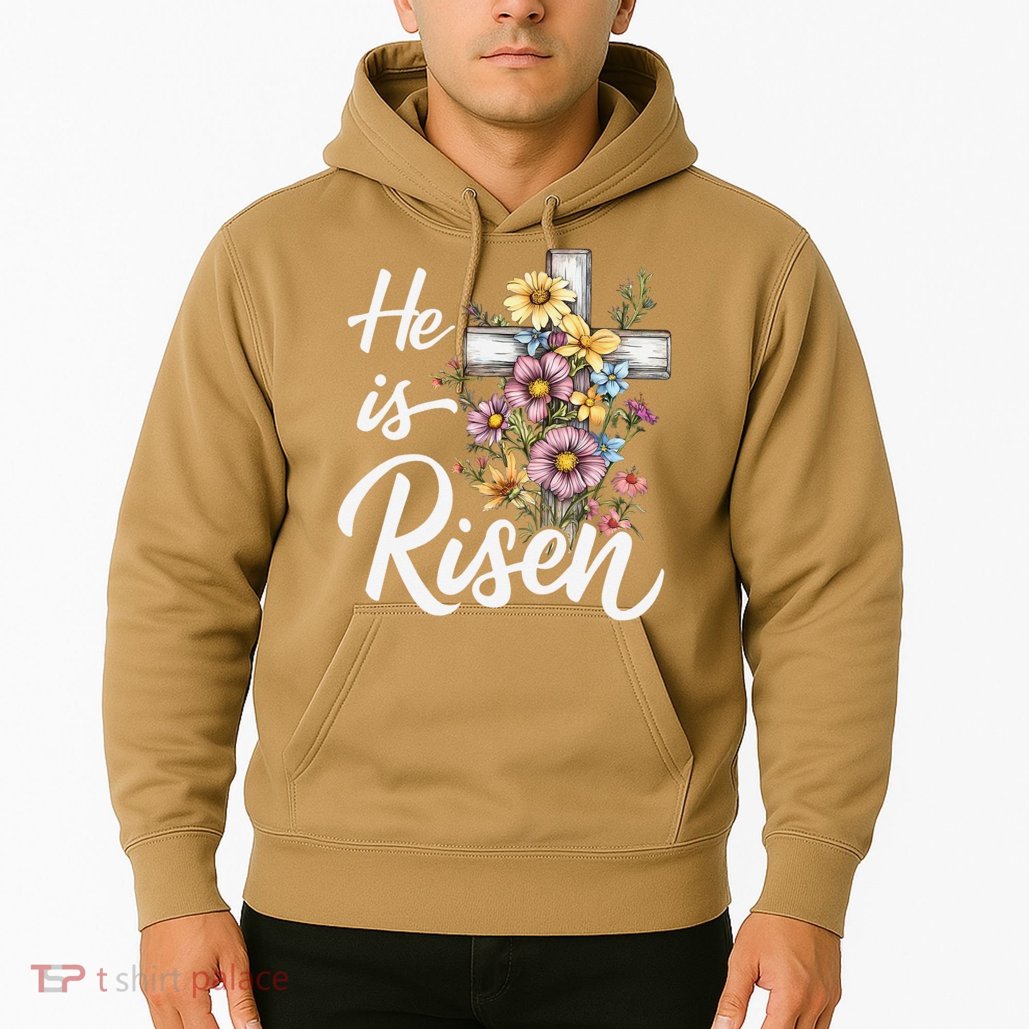 Happy Easter He Is Risen God Jesus Floral Cross Christian Hoodie