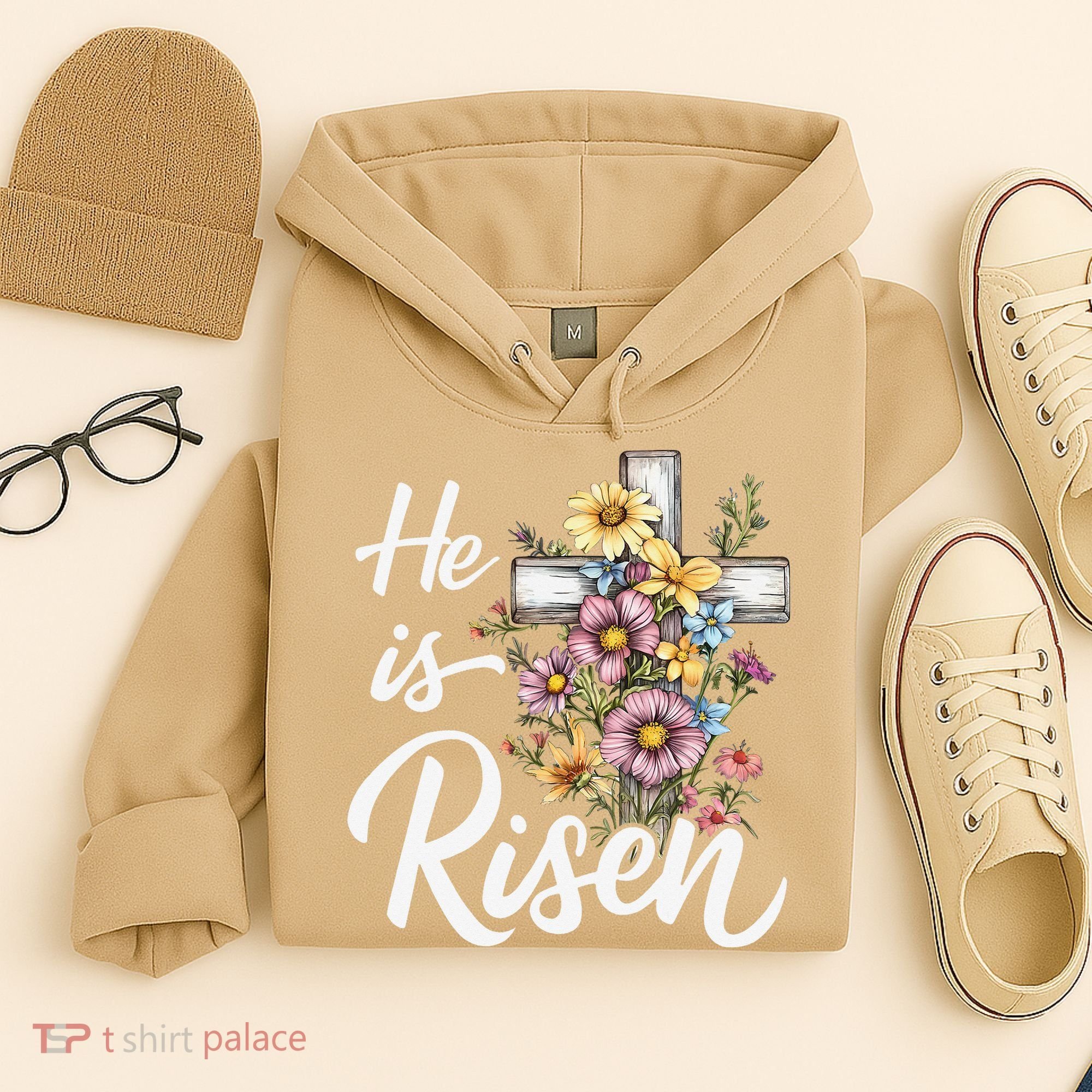 Happy Easter He Is Risen God Jesus Floral Cross Christian Hoodie
