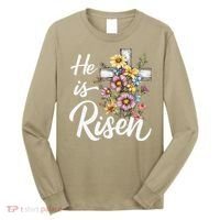 Happy Easter He Is Risen God Jesus Floral Cross Christian Long Sleeve Shirt thumb 0