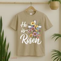 Happy Easter He Is Risen God Jesus Floral Cross Christian T-Shirt thumb 2