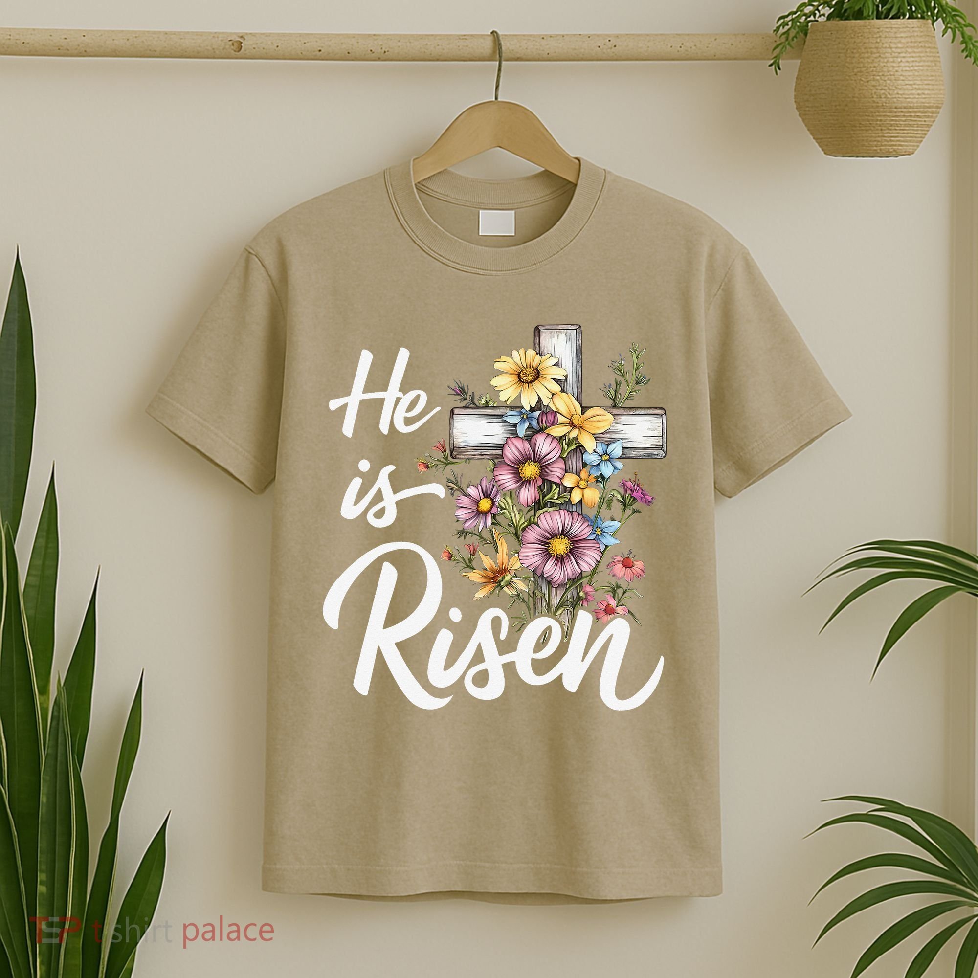 Happy Easter He Is Risen God Jesus Floral Cross Christian T-Shirt
