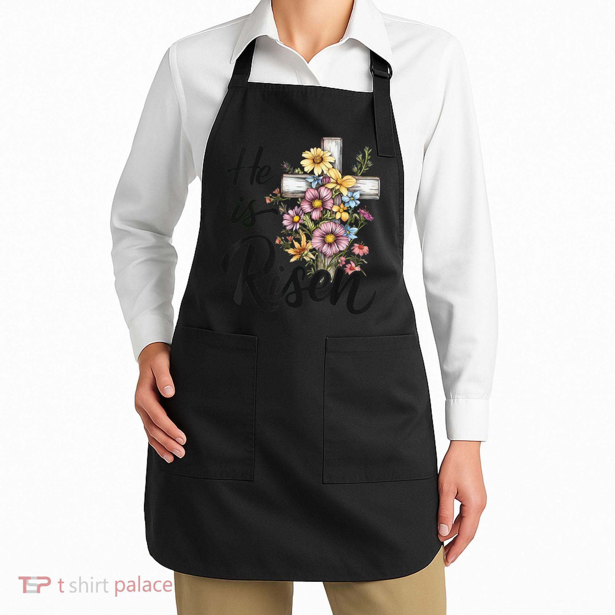 Happy Easter He Is Risen God Jesus Floral Cross Christian Apron