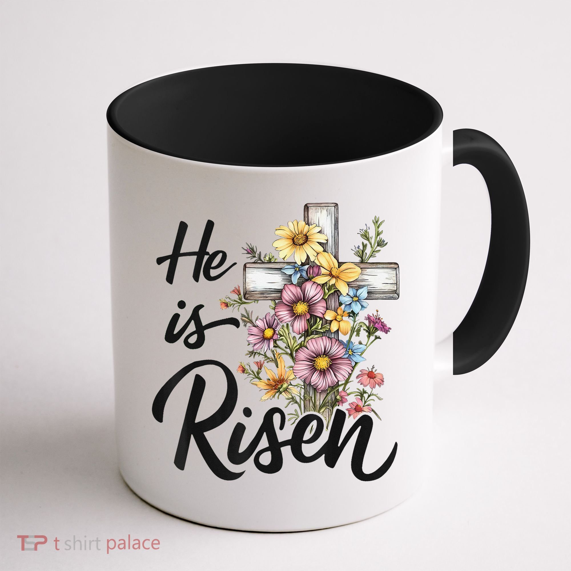 Happy Easter He Is Risen God Jesus Floral Cross Christian Coffee Mug
