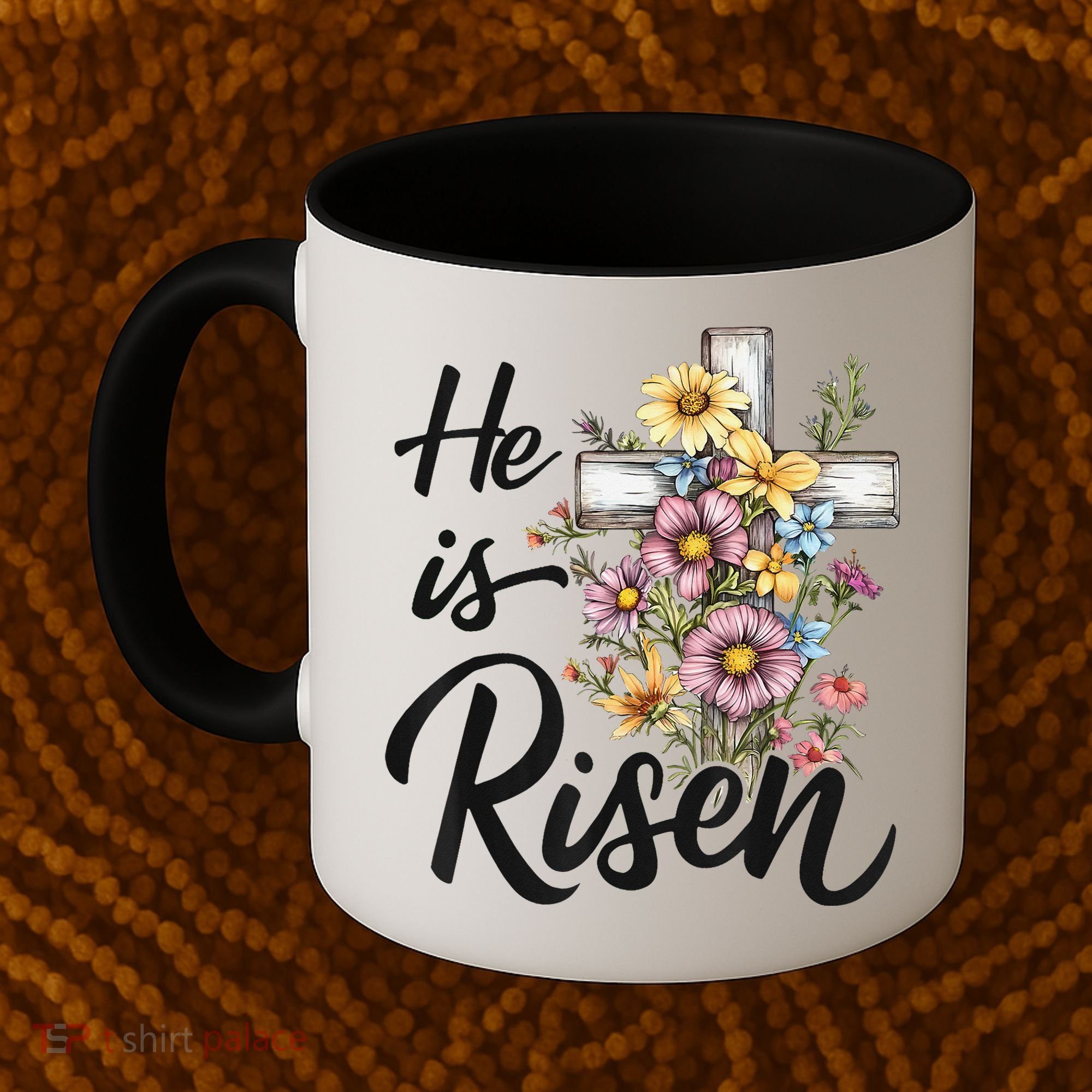 Happy Easter He Is Risen God Jesus Floral Cross Christian Coffee Mug