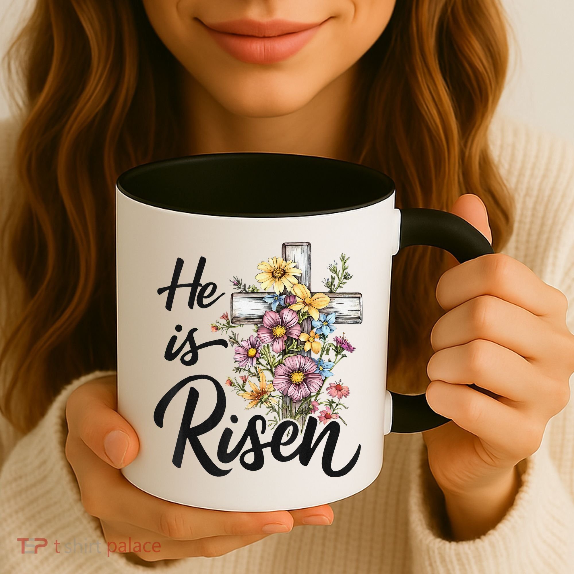 Happy Easter He Is Risen God Jesus Floral Cross Christian Coffee Mug