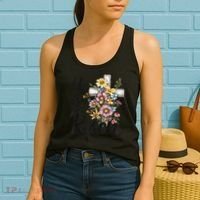 Happy Easter He Is Risen God Jesus Floral Cross Christian Women's Tank Top thumb 2