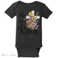Happy Easter He Is Risen God Jesus Floral Cross Christian Baby Bodysuit thumb 0