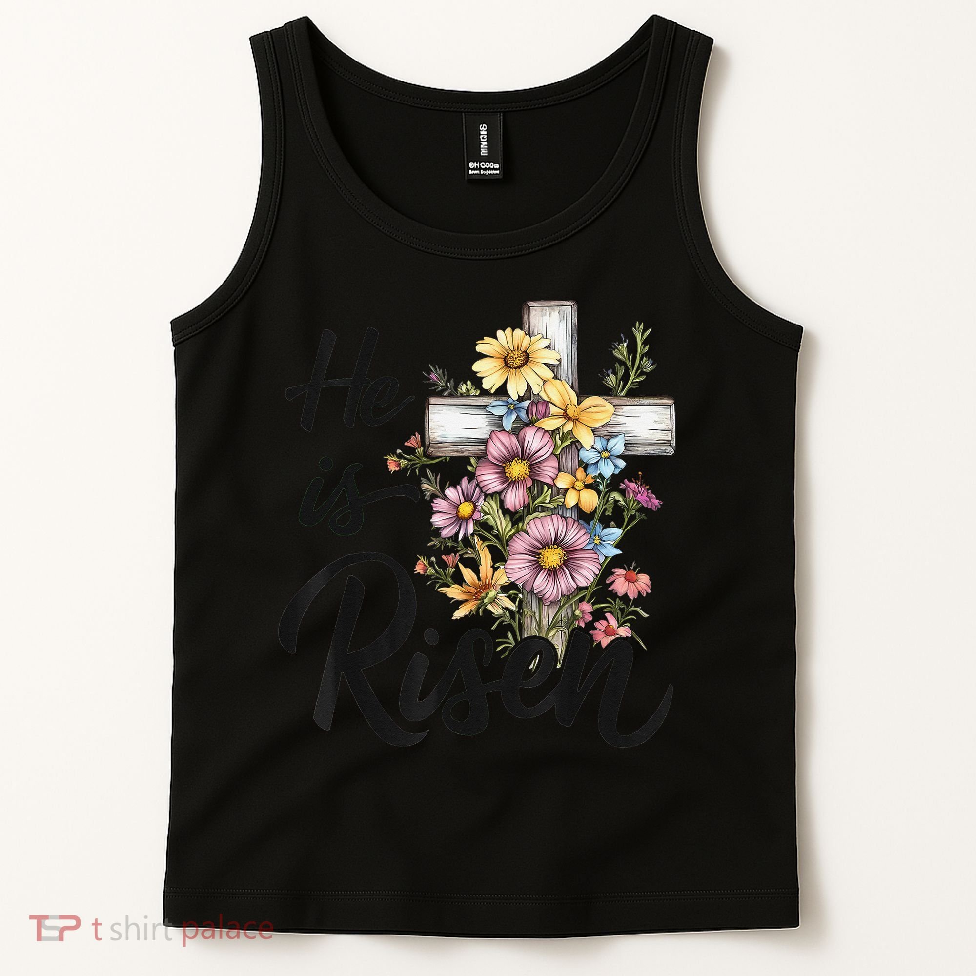 Happy Easter He Is Risen God Jesus Floral Cross Christian Tank Top