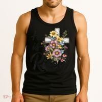 Happy Easter He Is Risen God Jesus Floral Cross Christian Tank Top thumb 3