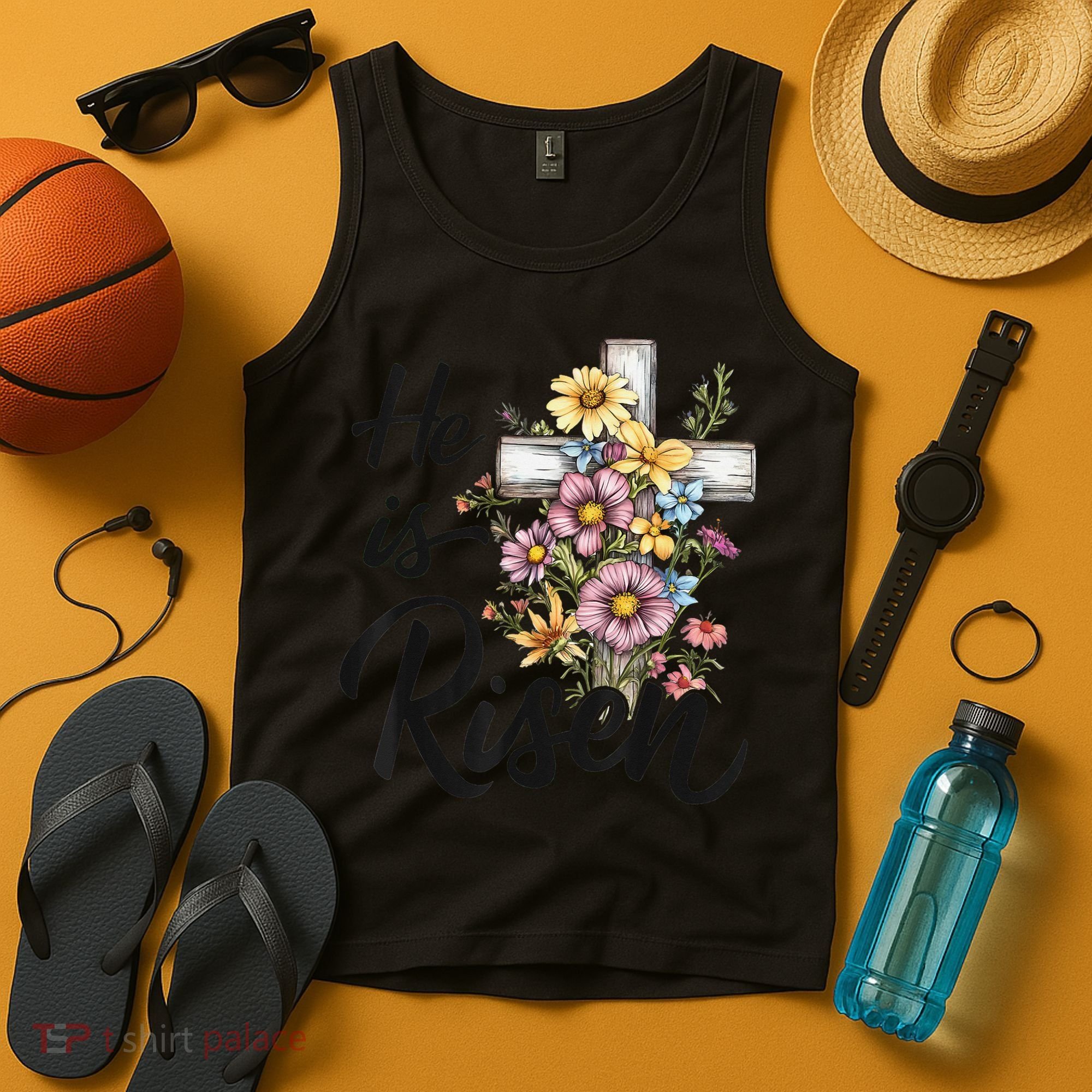 Happy Easter He Is Risen God Jesus Floral Cross Christian Tank Top